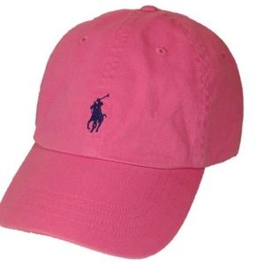 Pink polo hat with brown leather strap